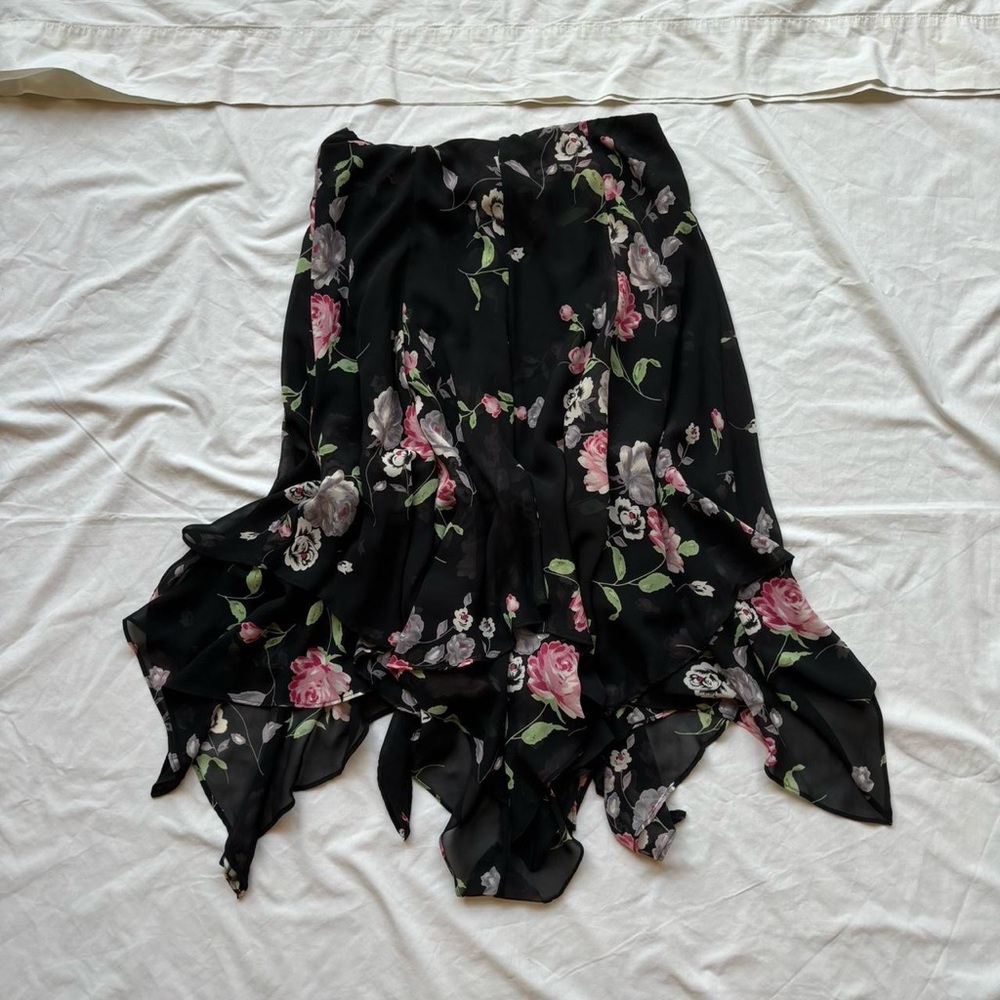 CHAPS black floral ruffle asymmetrical midi skirt handkerchief hem sheer overlay
